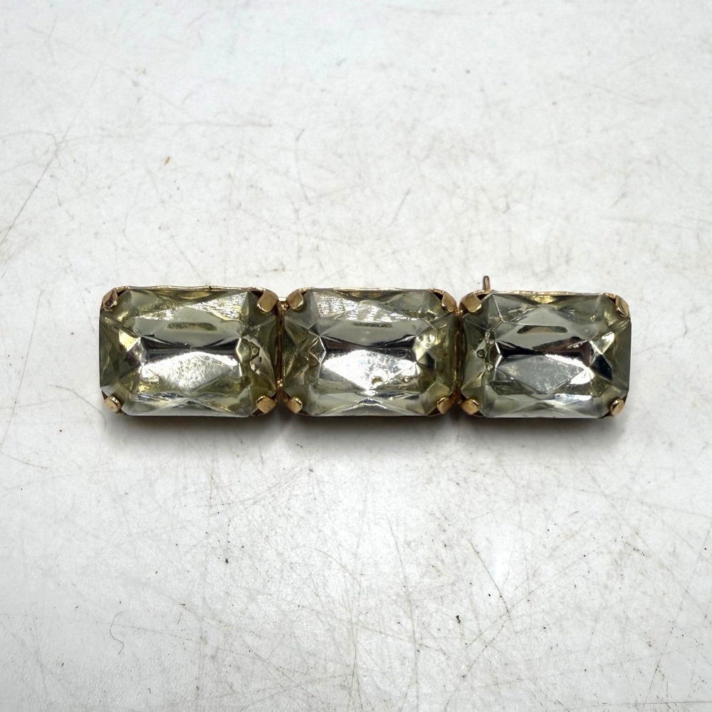 Vintage Gold Tone Three Stone Emerald Cut Champagne Glass Brooch Pin 2.25 Inch